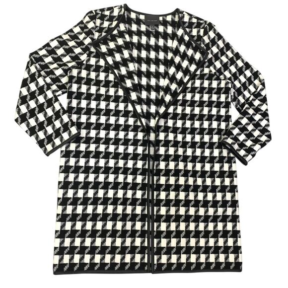 The Limited Womens Open Jacket Black White Houndstooth Sz 12 Faux Leather Trim - Picture 12 of 13